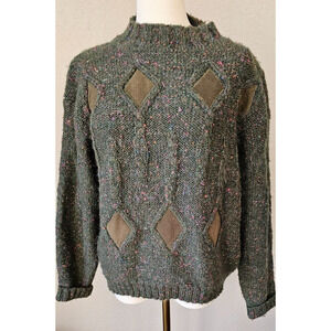 Vintage Needleworks 1990 Wool Mohair Sweater Green Cable Knit Suede Small Womens